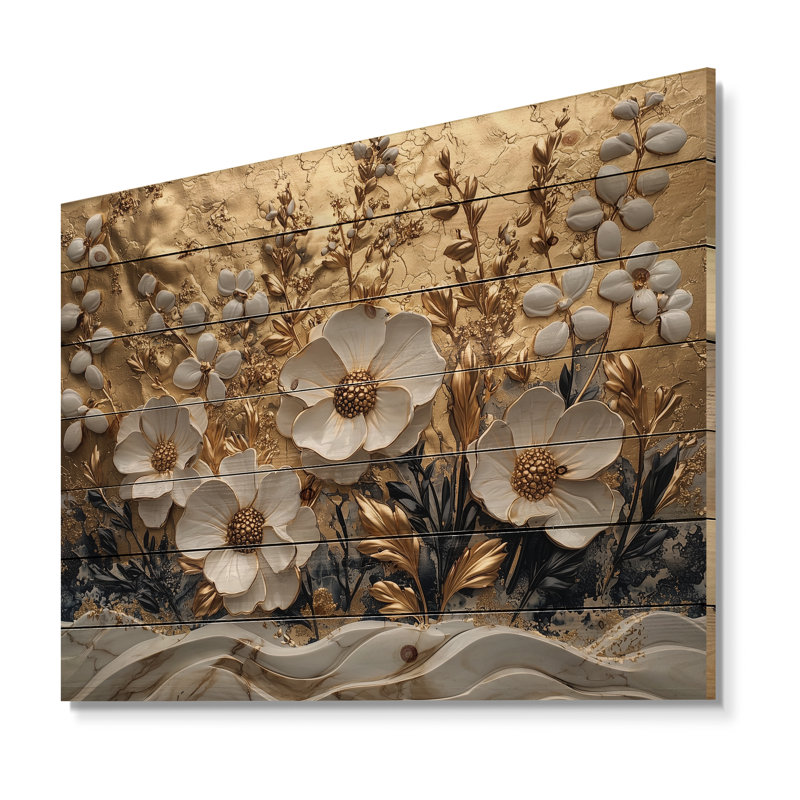 Fleurs blanches et dorées Wildflowers IV - décoration murale en bois de fleurs sauvages - sur bois de pin naturel