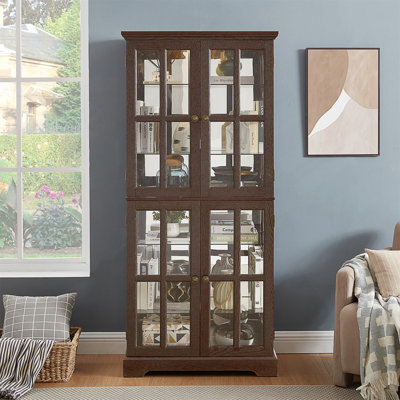 Antique Curio Display Cabinet With Glass Doors, Adjustable Shelves, Integrated Lighting, And Four-Door Vintage Design For Collectibles Showcase.
