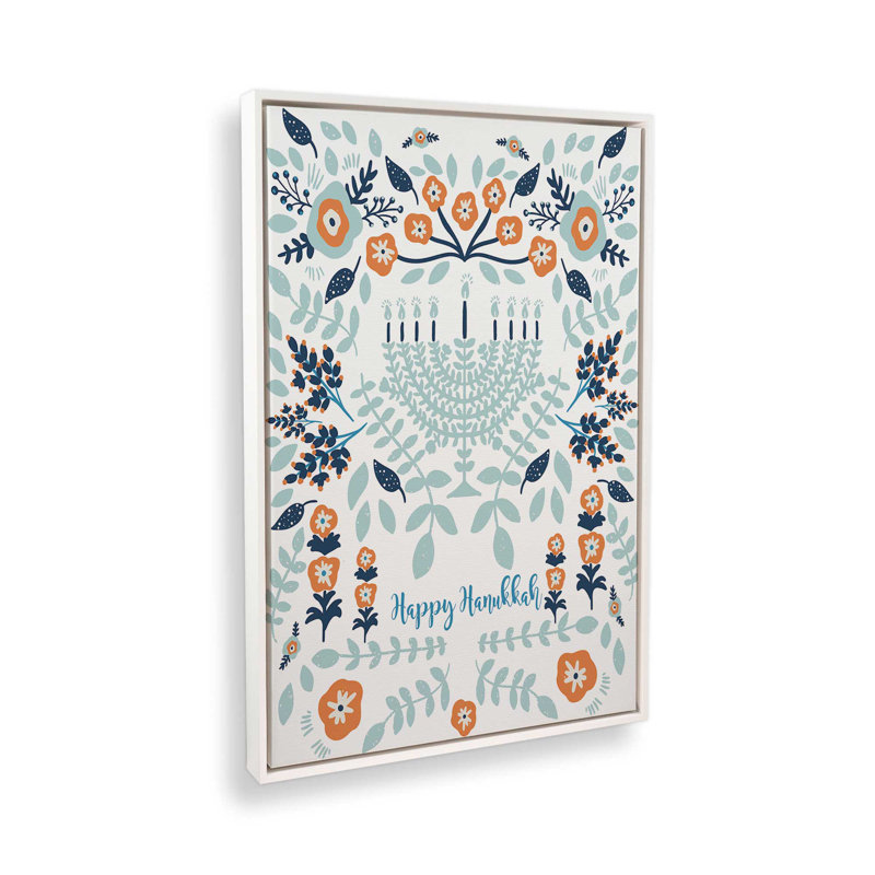 Floral Hanukkah Menorah By Garima Dhawan Art Print, 16" H x 12" W, Floater Frame, White