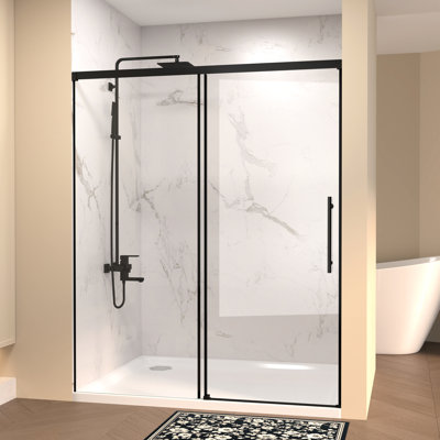 60" W 72" H Single Sliding Shower Door, 5Mm Fixed & 6Mm Clear Tempered Glass, Stainless Steel Handle, Matte Black, 4" Width Adjustment, Waterproof, Bathroom Door With American Design For Upgrade H,