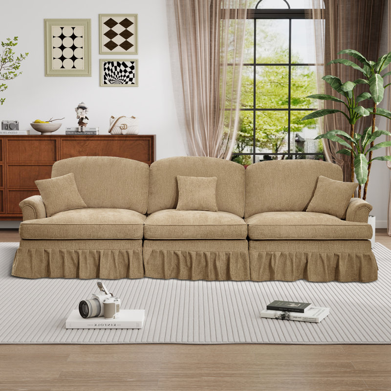 Mid Century 3 Seater Sofa Couch With Removable Ruffle Skirt, Light Coffee