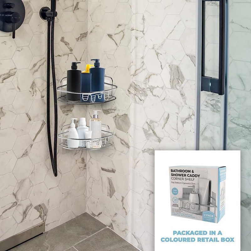 Azizi Wall Stainless Steel Corner Shower Caddy Set Of 2 Bathroom Organisers Self-Adhesive Caddy