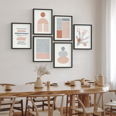 Framed Wall Art Print Gallery Set Decor, Pink & Blue Mid-Century Color Blocks Nature Abstract Illustrations Modern Geometric Nordic for Living Room, Bedroom, Office