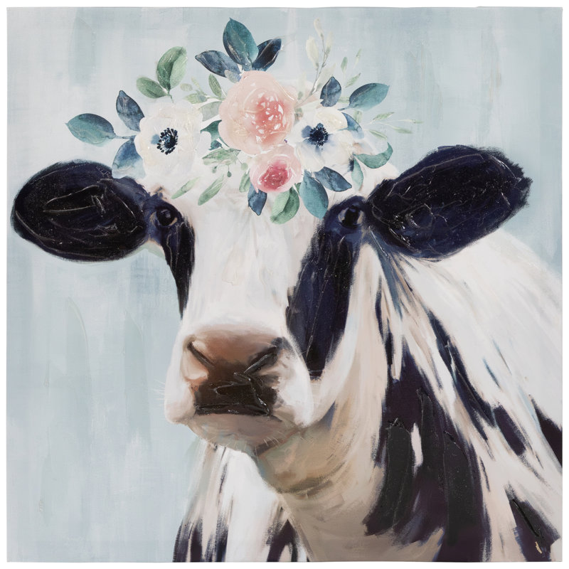 Black and White Cow with Floral Crown Canvas Wall Art