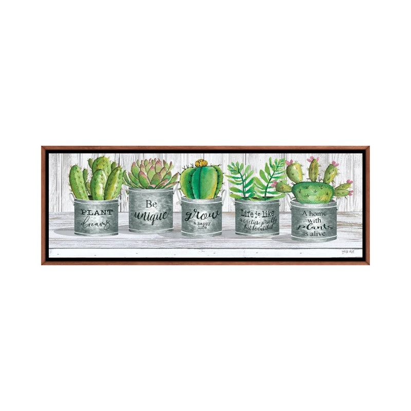 Galvanized Pot Succulents I by Cindy Jacobs - Panoramic Print on Canvas, Brown Floater Frame, 121.92 cm H x 40.64 cm W