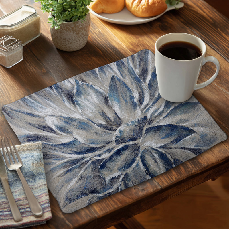 Napperons en polyester tressé de fleurs bleues et grises | Ensemble de 4