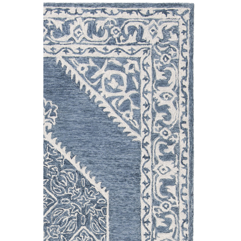 Tapis ivoire / bleu en laine / coton touffeté à la main Salerna, Tapis de couloir 2 pi 3 po x 7 pi