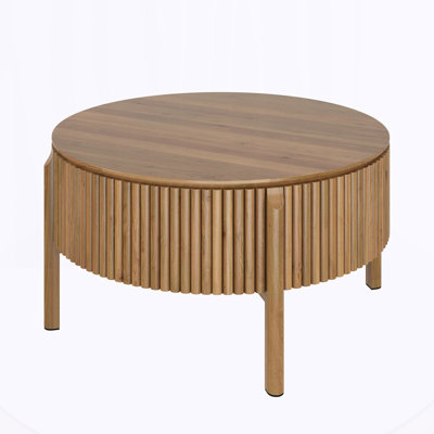 Round Lift Top Coffee Table with Hidden Storage, Solid Wood Fluted Circular Cocktail Table