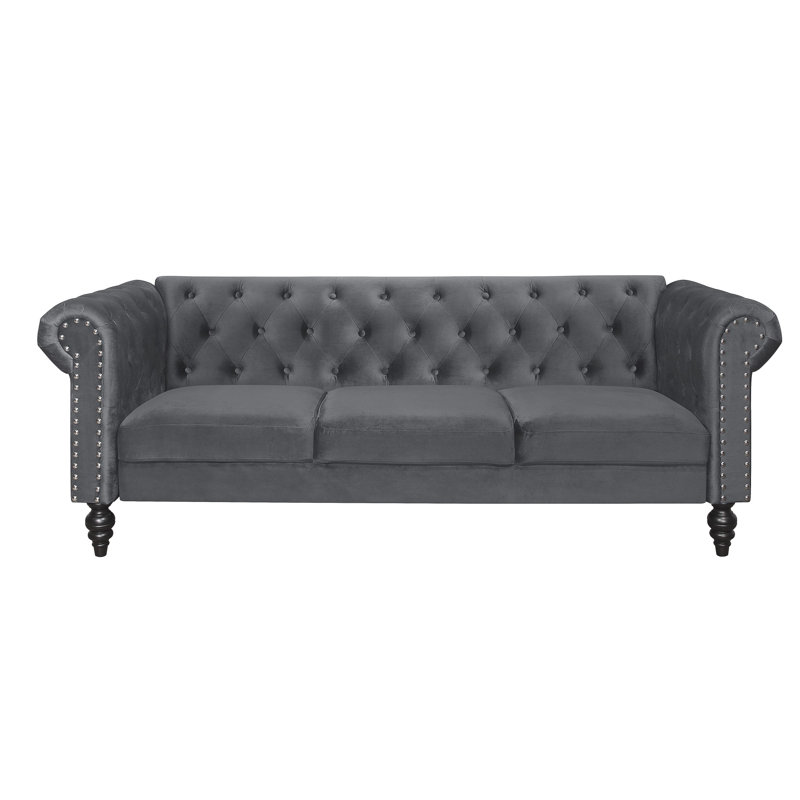 Canapé Chesterfield 84 po Channing, Velours gris, H 30,5 po x l 84 po x P 30,5 po
