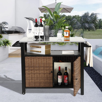 Outdoor Wicker Island Rolling Cart With Storage Cabinet, Stainless Steel Top & Side Handle Patio Or Bar Cart