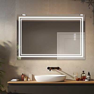 Miroir de salle de bain 48 po x 36 po avec façade à DEL, 5 minutes, 3 couleurs à intensité variable, désembuage éblouissant à pleine réflexion, transparent