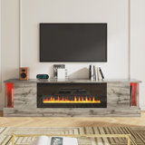 Fireplace Tv Stand With 36" Electric Fireplace, 70" Modern Wood Grain High-gloss Tv Cabinet For Living Room, Led Entertainment Center With Flip-down Doors For Tvs Up To 70"