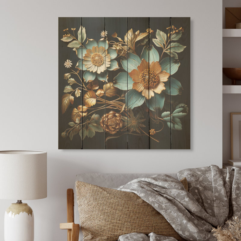 Feuillage doré doré - Plantes, art sur bois de pin naturel, H 36 po x l 36 po