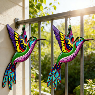 2 pièces décoratives murales en métal pour l'extérieur, sculpture d'oiseaux de jardin colorés en 3D, décorations suspendues en fer pour l'extérieur, décorations murales en métal faites à la main pour la terrasse, le balcon, le salon, le colibri