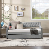 Upholstered Daybed with Trundle, Wood Frame with Tufted Buttons and Copper Nails