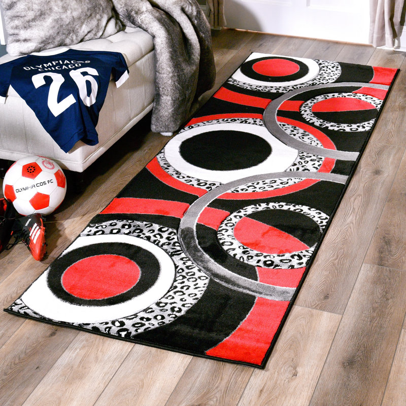 Tapis noir / rouge à motif géométrique Adonia, Tapis de couloir 2 pi 8 po x 8 pi 1 po