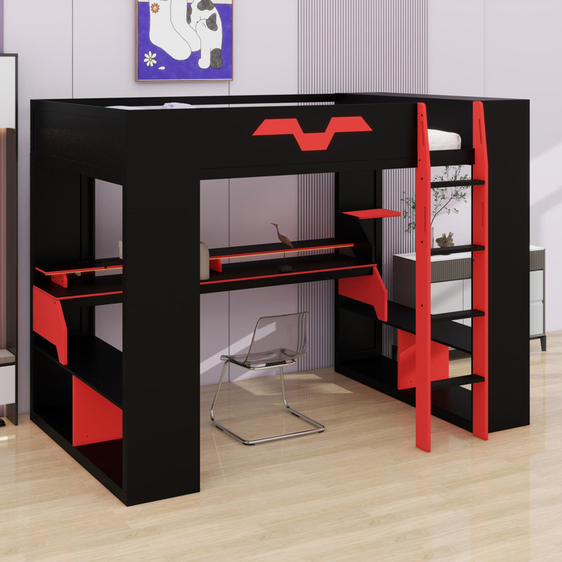 Smart Loft Bed Featuring Built-in Outlets, Multi-Device Charging Hub, and Advanced Cable Management with Ambient Light, Red
