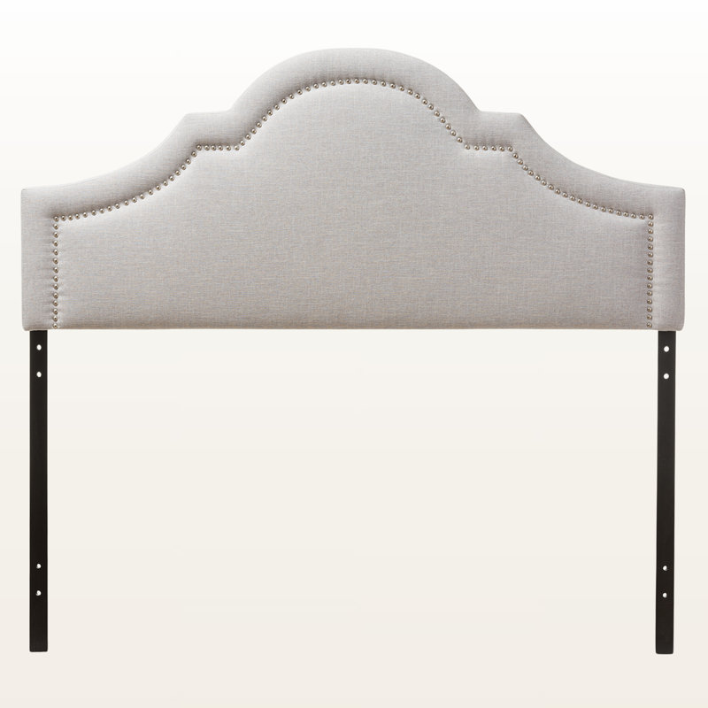 Iridium Nail Head Trim Greyish Beige Fabric Upholstered King Headboard, 25.63" H X 77.33" W X 2.07"D, King