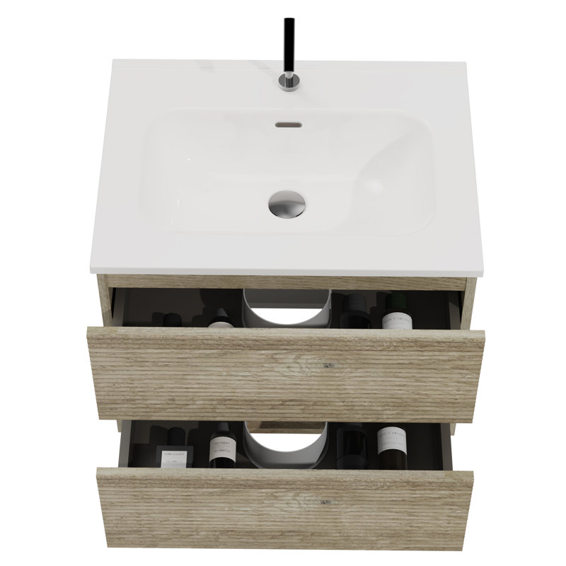 Meuble-lavabo mural 24 po en chêne brut avec lavabo intégré en céramique avec trop-plein, grand meuble-lavabo flottant de rangement pour salle de bain moderne, pré-assemblé