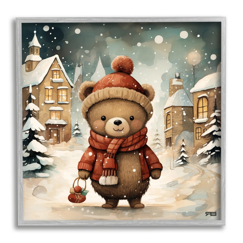Ba-963 - Ours dans un village d'hiver enneigé, encadré sur bois par RB Print, Estampe numérique Farmhouse