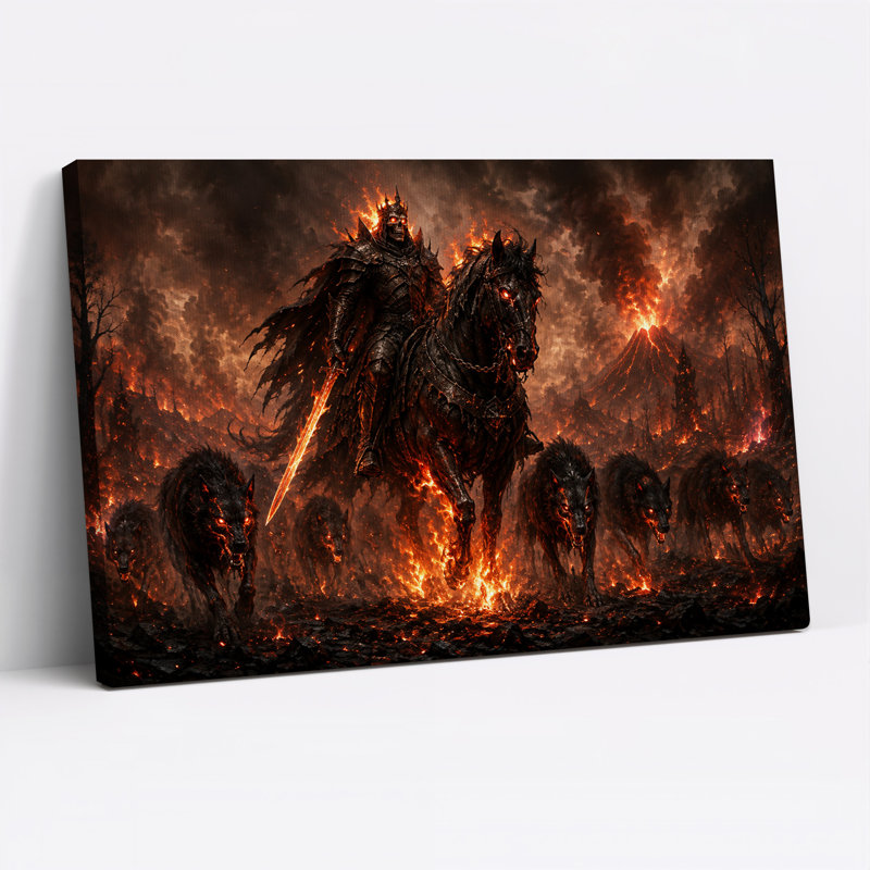 Guerrier squelettique sur un cheval noir dans une toile murale d'Halloween volcanique enflammée, H 20 po x l 30 po