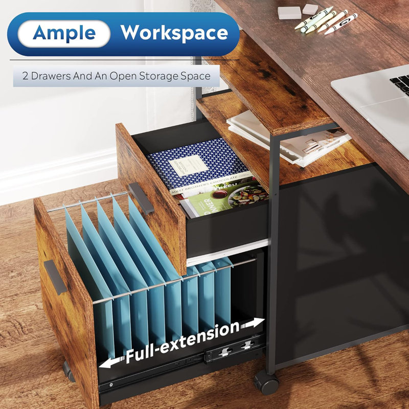 2 Drawer File Cabinet, Mobile Printer Stand With Open Storage Shelf, Brown