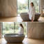 Baignoire de trempage autoportante 66,9 po, résine pierre, poli à la main, dossier ergonomique, bonde escamotable