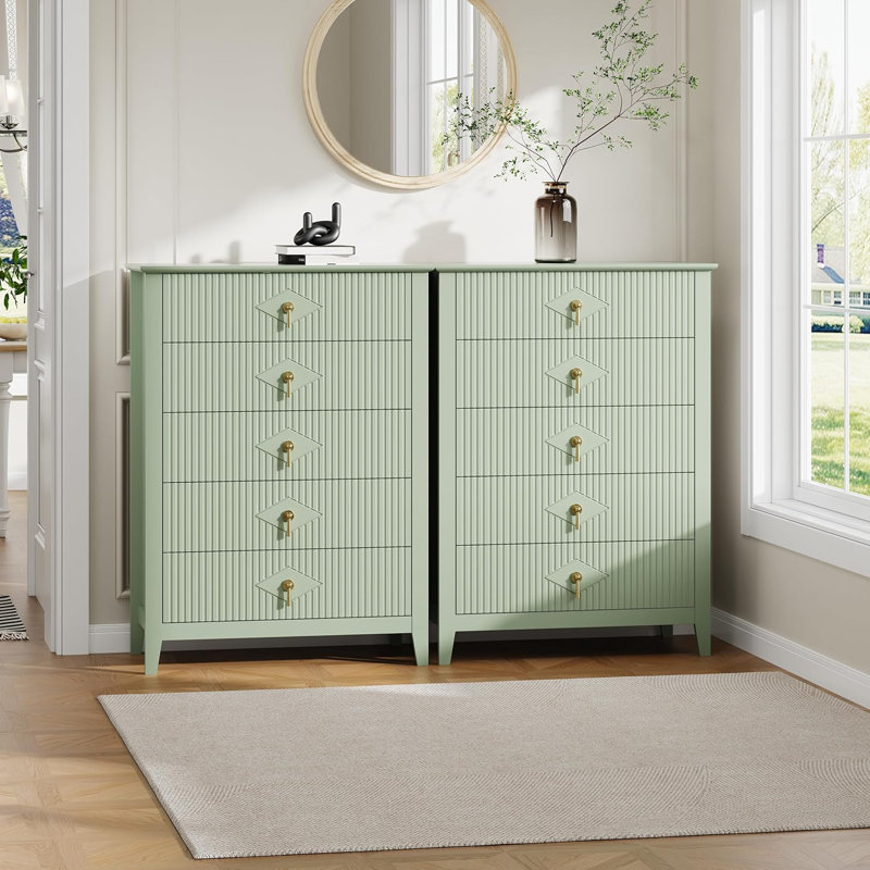 Fluted Dresser for Bedroom 42.9" Tall, 5-Drawer Wood Dresser for Bedroom, Modern Chest of Drawers, Storage Organizer Cabinet for Living Room, Hallway, Entryway