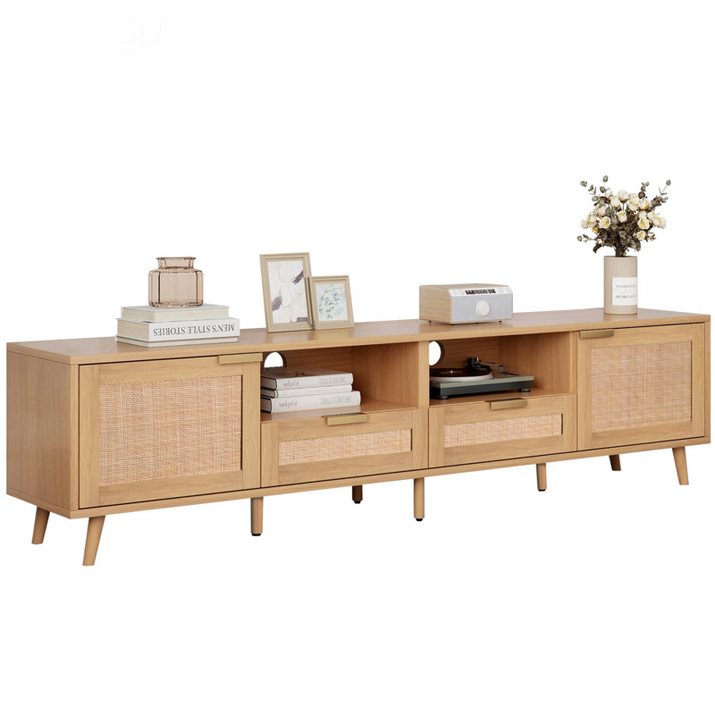 Meuble télé en rotin pour téléviseur de 85 po ou moins, console multimédia de style campagne moderne, centre de divertissement avec pieds en bois massif, meuble télé pour le salon, cinéma maison