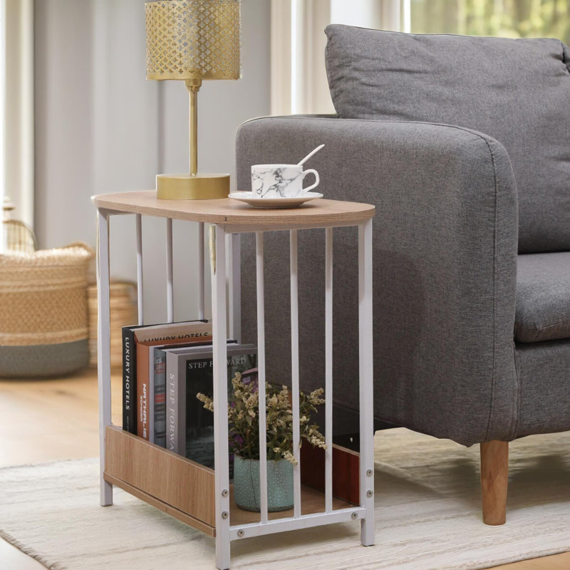 2 Tier Side Table with Storage Shelf, Accent End Table, Living Room, Oak