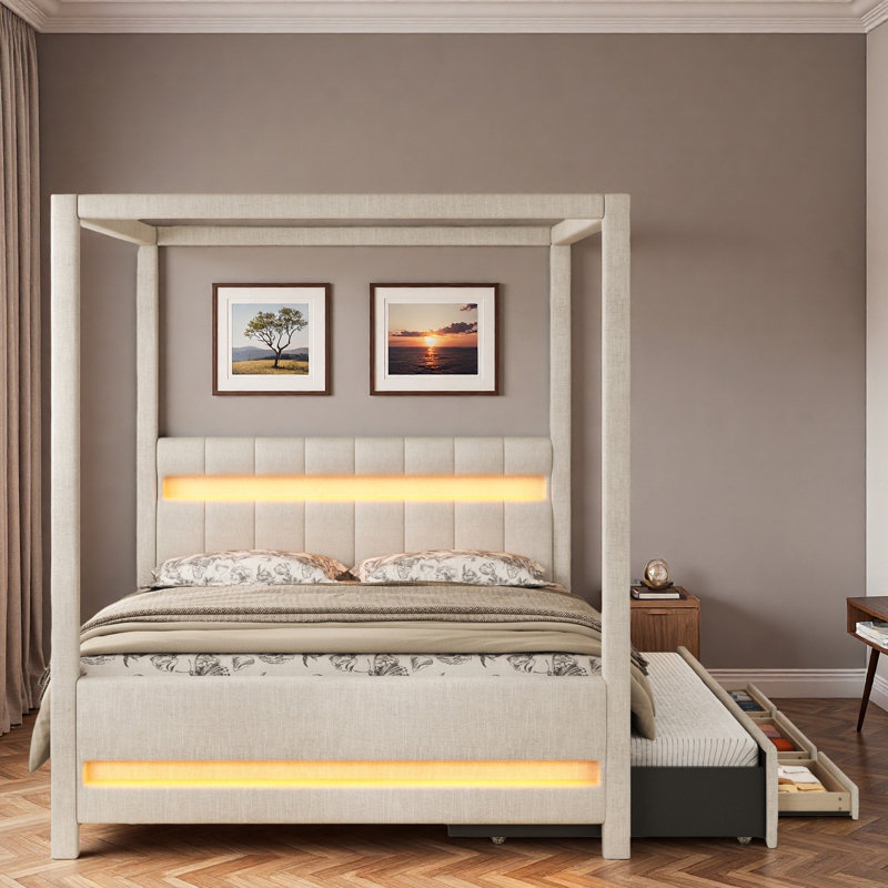 Lit plateforme à baldaquin avec lit gigogne coulissant, 3 tiroirs de rangement, tête de lit tapissier et lumières à DEL