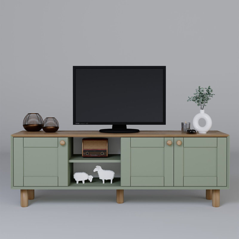 Modern Green TV Stand with Multiple Shelves, 63.0 x 22.0 x 15.7 inches | 100% Melamine Coated Particle Board, Thickness: 0.7 inches | Wall-Mountable, Scandinavian Design, Stylish & Functional for Living Rooms