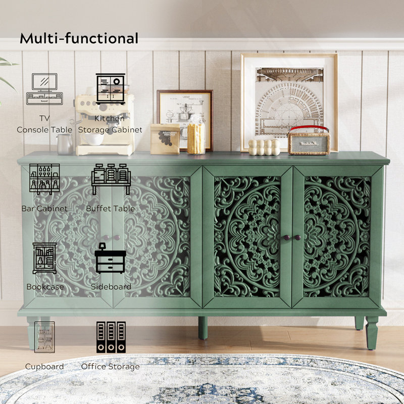 Buffet antique 60 "avec sculptures florales, Vert antique