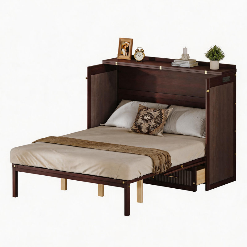 Grand lit escamotable avec station de charge USB, lit escamotable mural escamotable vertical avec tiroirs, lit de chambre d'amis peu encombrant, finition café