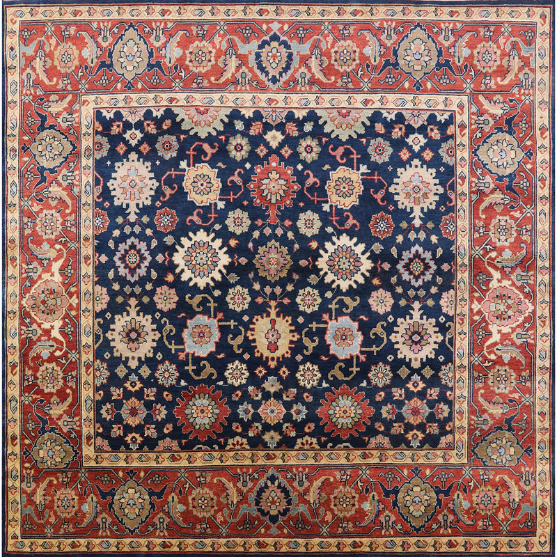 Tapis oriental rouge et bleu, Carré 6 pi