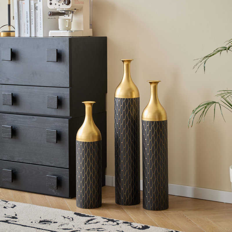 Ensemble de 3 vases de plancher en métal noir et or idéal (H 25 po / 30 po / 34 po)