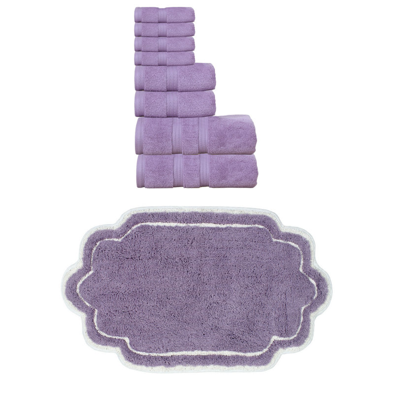 Talbert Collection 100% Soft Cotton Towel Set & 21x34" Bath Rug, Purple, 9 Piece Towel Set