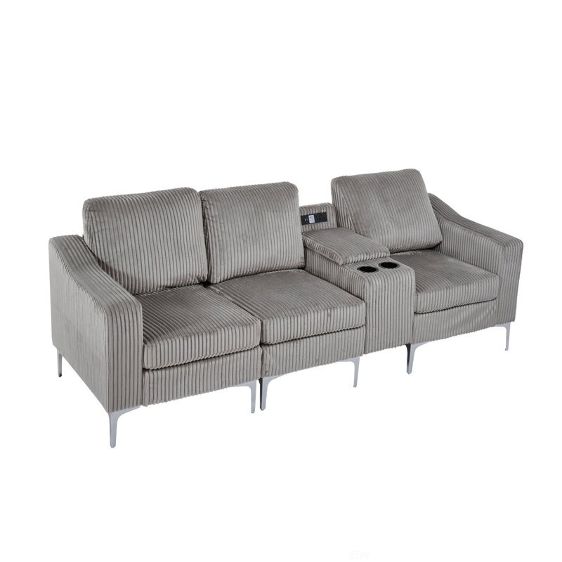 Canapé modulaire convertible en velours côtelé avec porte-gobelets, USB, trois places, Velours côtelé gris