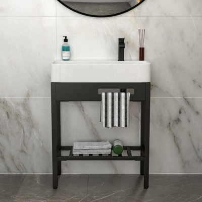 Lavabo console en céramique d'inspiration rétro 28 po x 12 po avec planche à laver intégrée, trop-plein et pieds noirs élégants