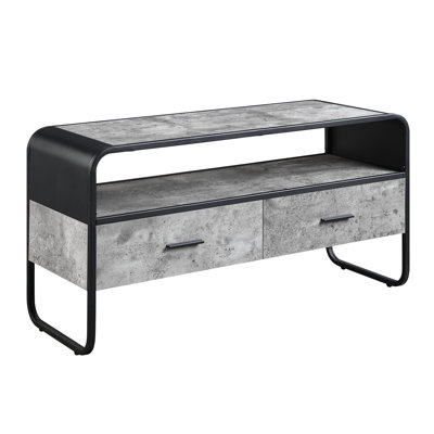 Meuble télé gris béton avec tiroir coulissant en métal et plateau de 15 mm d'épaisseur pour téléviseur compact et cadre de console noir
