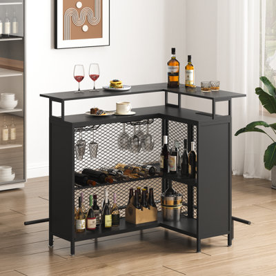 L Shaped Bar Cabinet, 4-tier Bar Table With Wine Rack And Led Lights, Corner Bar Stand With Storage, Liquor Cabinet For Dining Room, Kitchen, Living