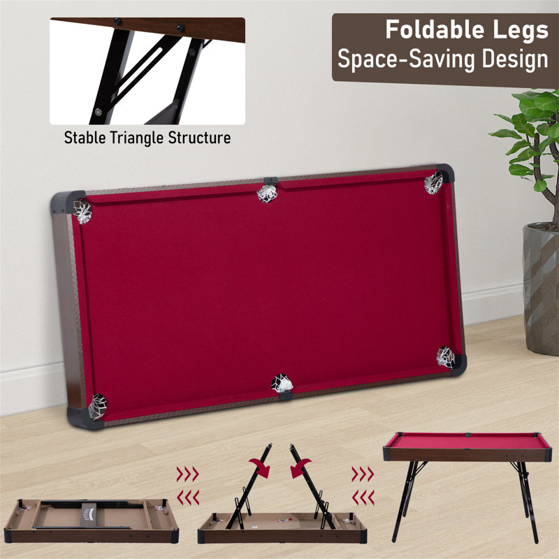 Portable Pool Table 48" Portable Pool Table, Foldable Billiard Table with 2 Cue Sticks, Balls, Triangle, Chalk, Brush, Red