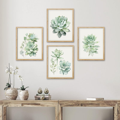 Minimal Botanical " IDEA4WALL Framed Pastel Echeveria Cactus Succulent Wall Art, Set Of 4 Nature Wilderness Wall Decor Prints, Botanical Floral Wall Decor For Living Room, Bedroom " 4 - Pieces