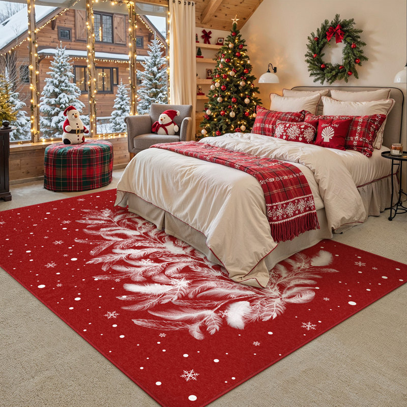Tapis d'intérieur lavable à la machine Velora Red Feather Christmas Tree avec envers antidérapant, Rectangle 5 pi x 7 pi
