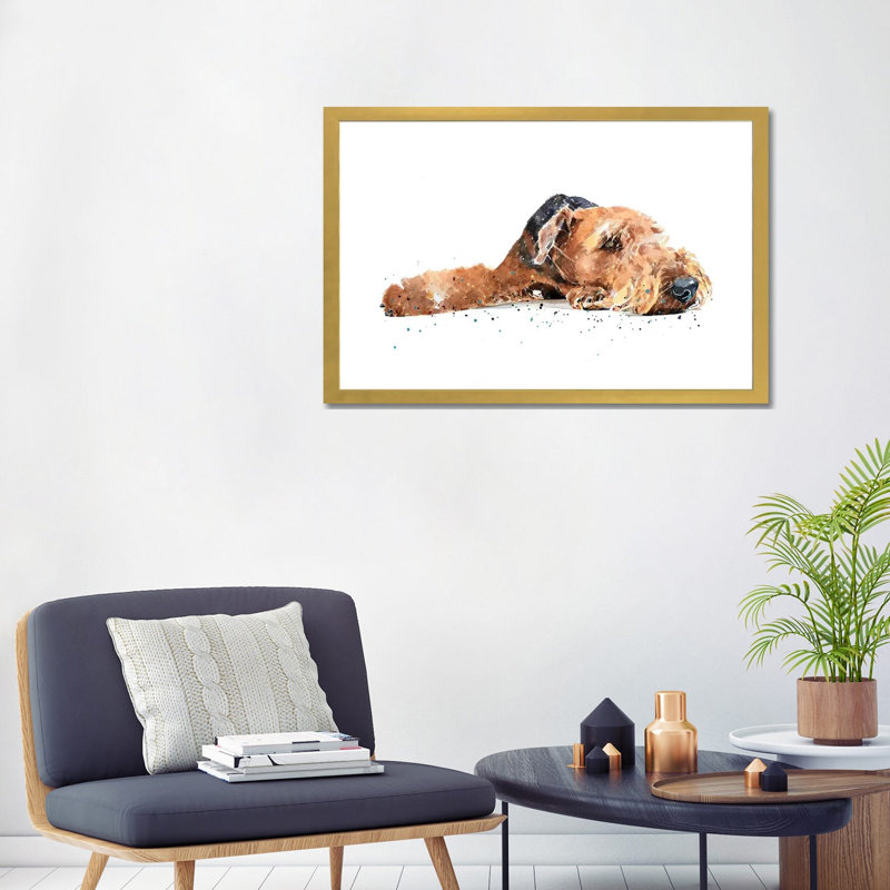" Airedale " by EdsWatercolours, White, 24" H x 32" W x 1" D, Gold Framed Paper