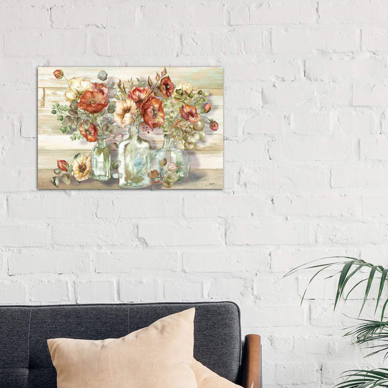 «Spice Poppies and Eucalyptus in Bottles Landscape» par Tre Sorelle Studios - reproduction d'art, Toile tendue