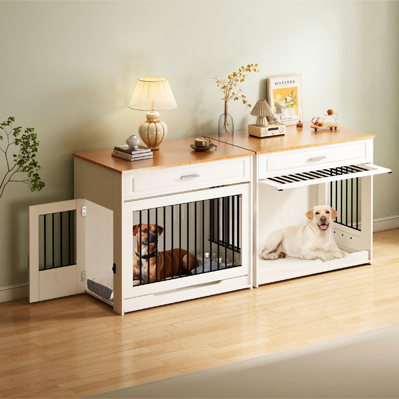 Grand meuble cage pour chien avec porte rabattable, tiroir, H 34 po x l 37 po x P 24 po, Blanc neige