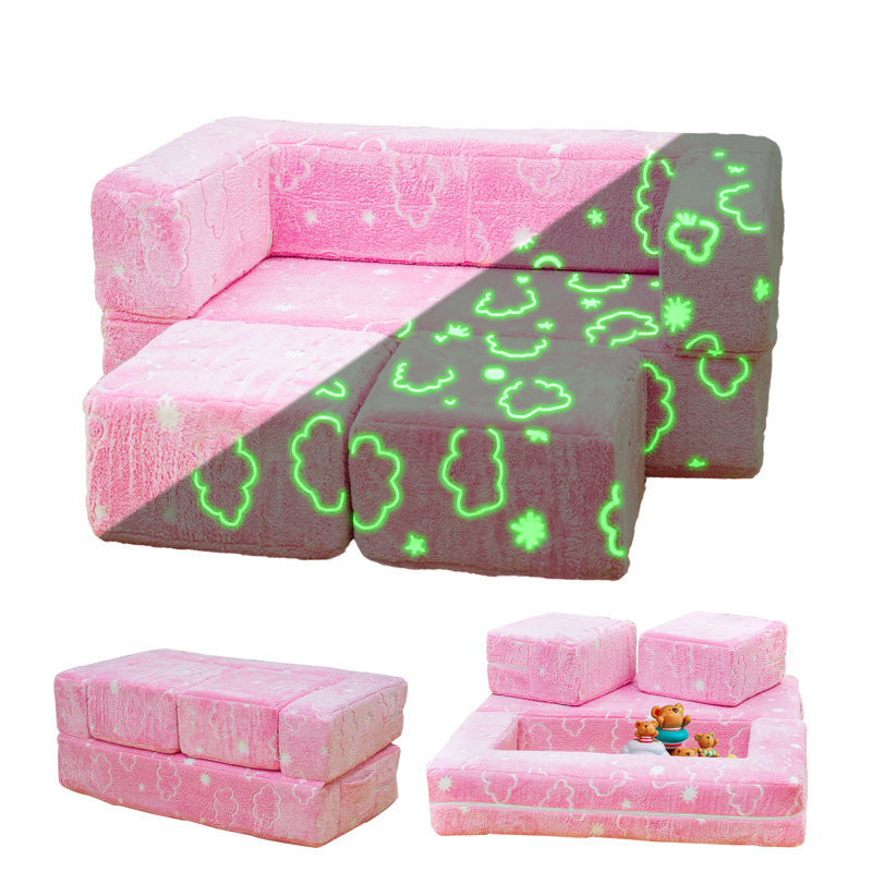 Convertible Sofa Bed, Sherpa Upholstered Modular Couch With Density Sponge Padding, Plush Sofa Play Set For Home Office Playroom, Bedroom Furniture