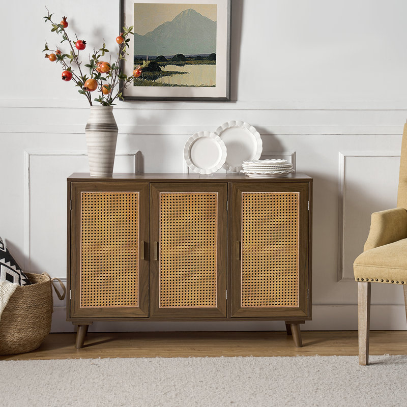 Hearn 109 cm Modern Wide Sideboard with 3 Rattan Doors, Espresso