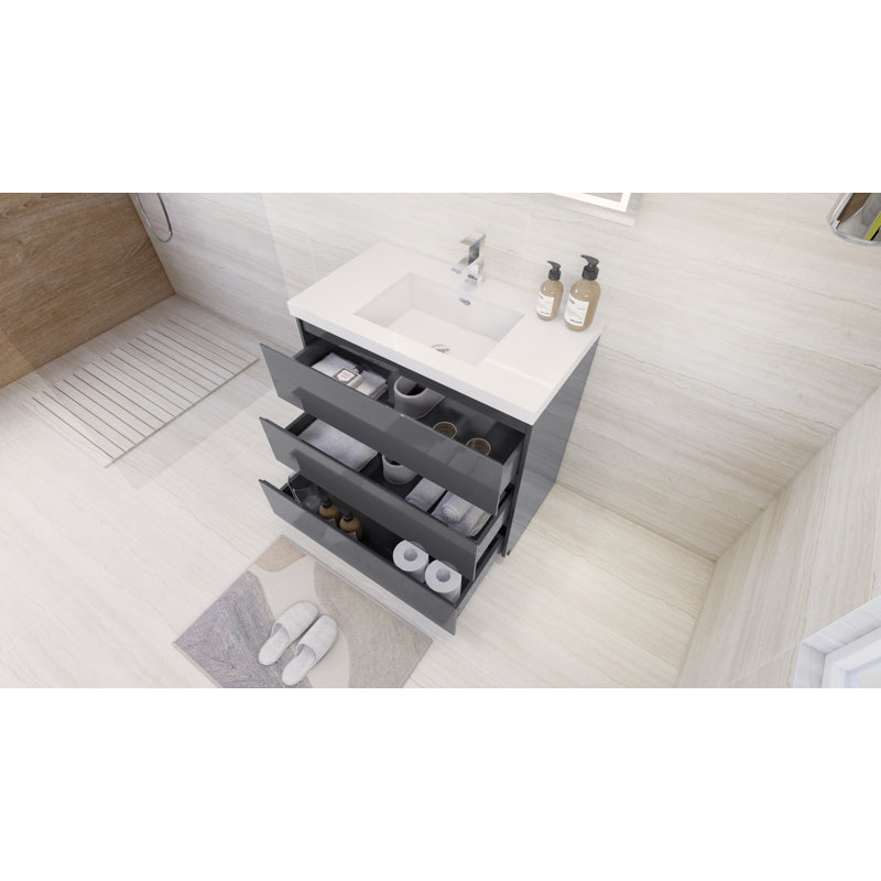 Dennes 35.4'' Single Bathroom Vanity with Acrylic Top, Hight Gloss Gray
